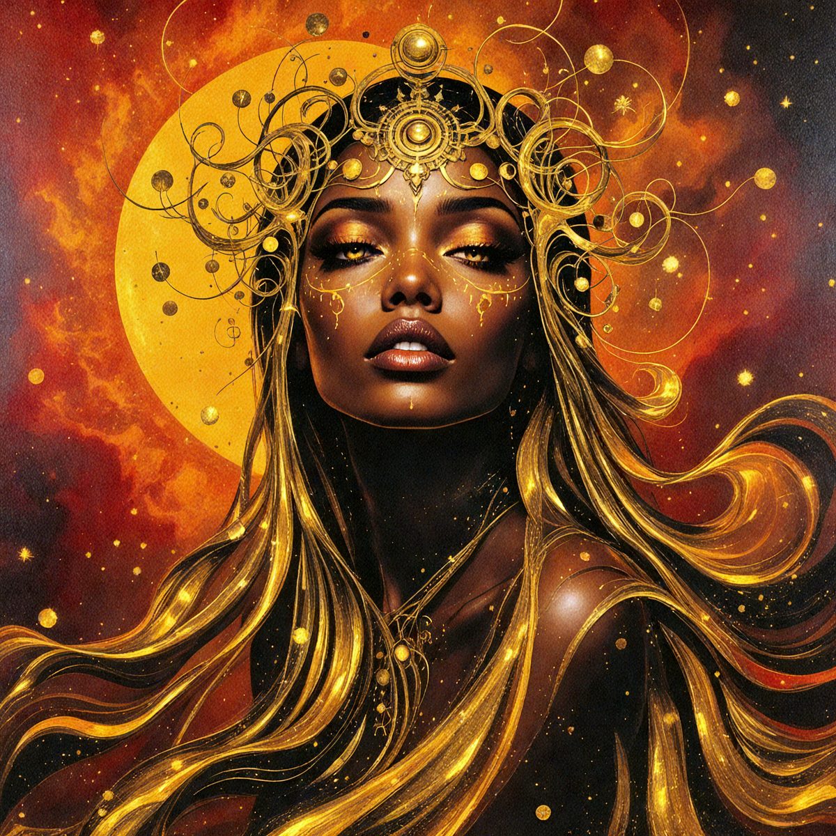The primary subject of the image is a woman with long, golden hair. She is wearing a crown and has a gold necklace. The setting is a vibrant, colorful background with a red sun and a yellow moon. The visual style is a digital art or illustration, creating a unique and eye-catching scene. The colors and mood of the image are warm and inviting, with the woman's golden hair and the vivid colors of the background creating a sense of magic and wonder.
